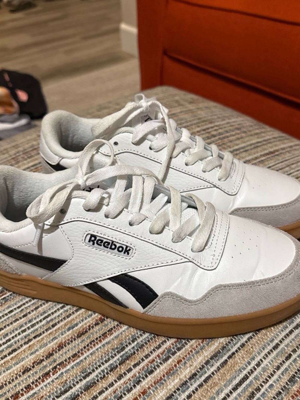 Reebok White Sneakers with Black Stripe & Gum Sole